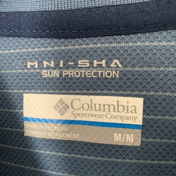 Columbia Sportswear Mens M Omni Shade Polo Shirt Blue Striped Sun Protection - Picture 2 of 6